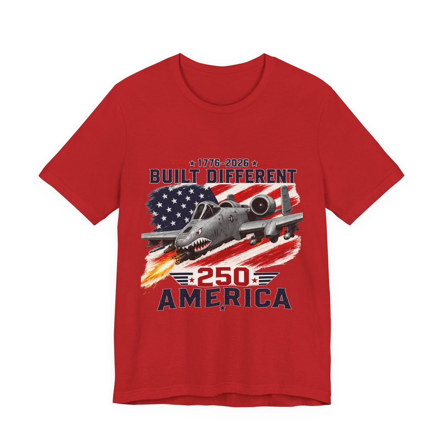 Built Different 250 America T‑Shirt — Patriotic A‑10 Warthog Jet Tee (1776–2026)