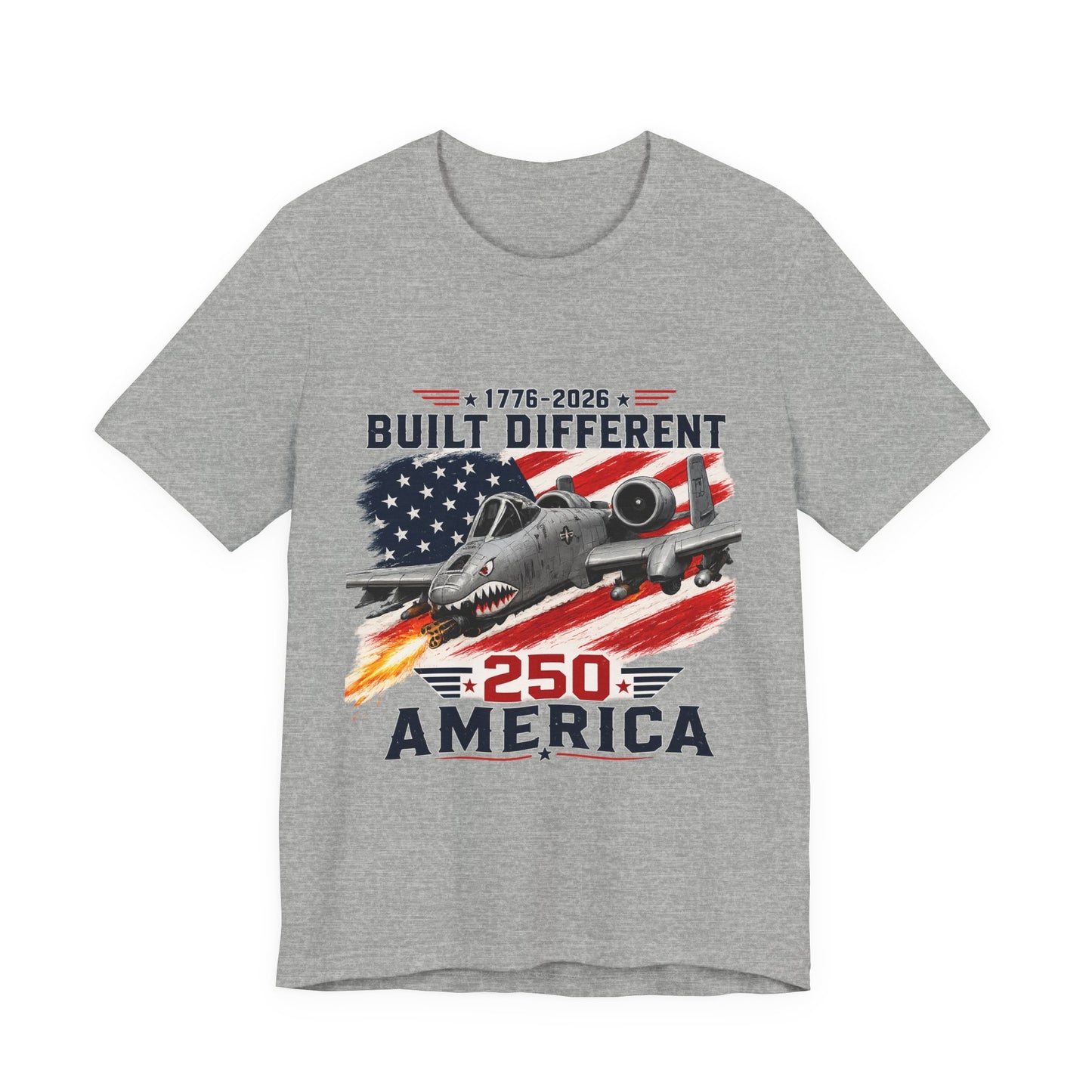 Built Different 250 America T‑Shirt — Patriotic A‑10 Warthog Jet Tee (1776–2026)